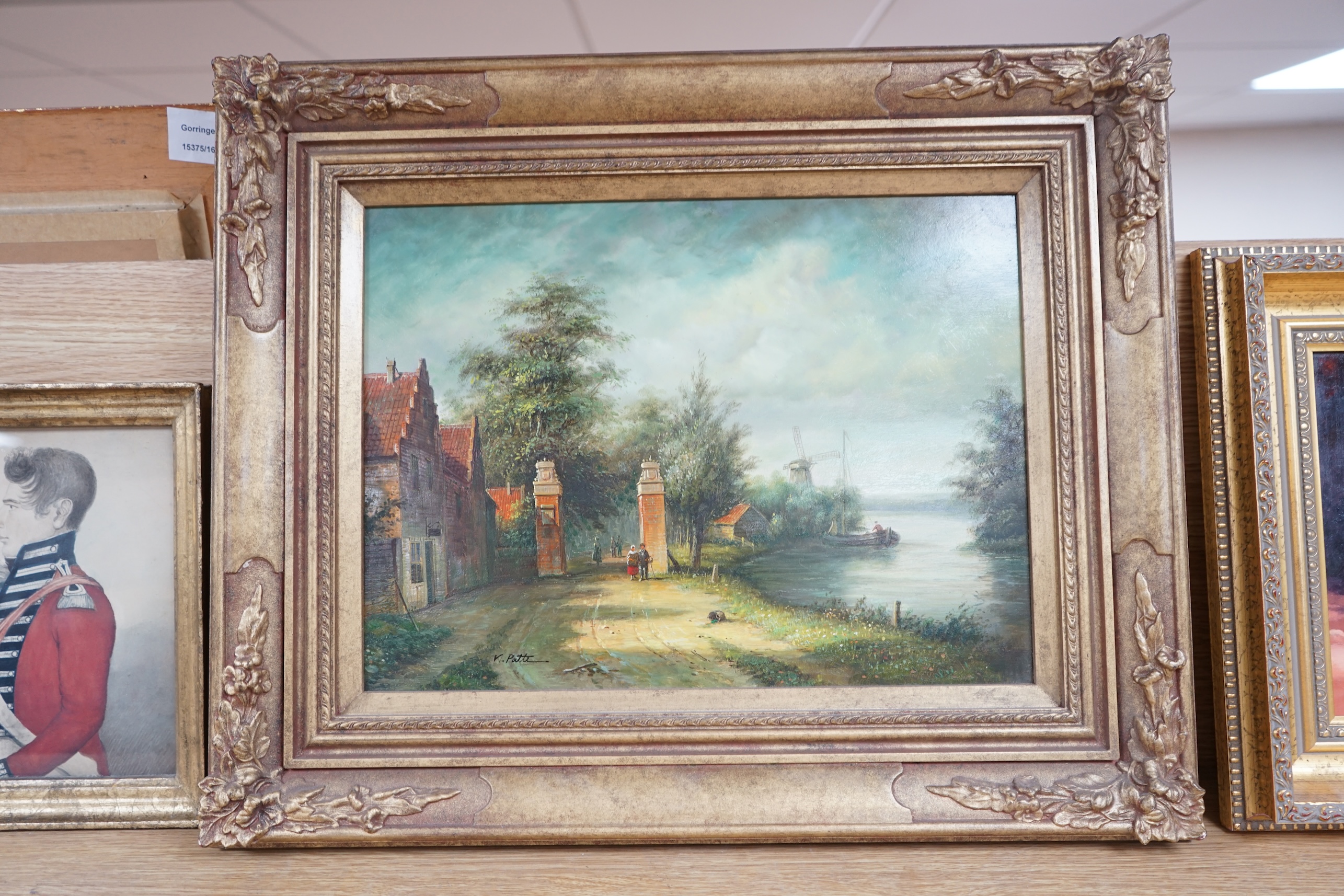 Contemporary Dutch School, oil on board, Riverscape with figures, 29 x 39cm. Condition - good